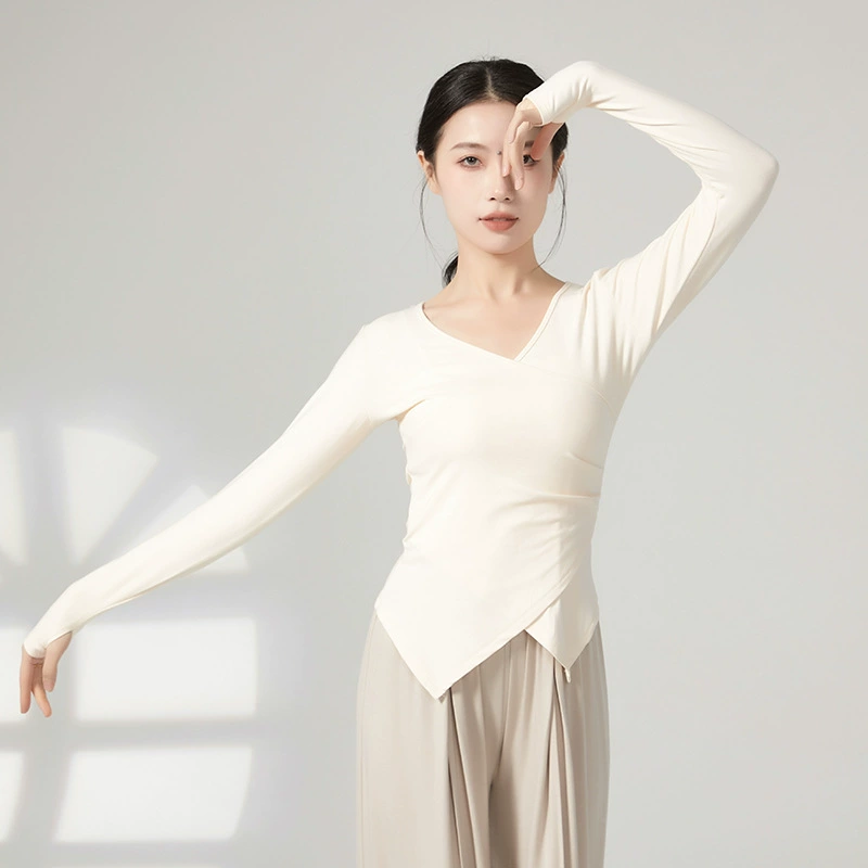Тренировочная одежда весна и осень, топ с длинными рукавами и неровным подолом для современных танцев, Женская классическая китайская танцевальная одежда для боди-танцев