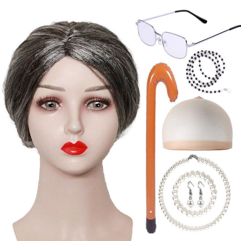 Peluca de la abuela de Halloween COS anciana cabello rizado corto de mediana edad y anciano abuelo bosquejo rendimiento peluca traje