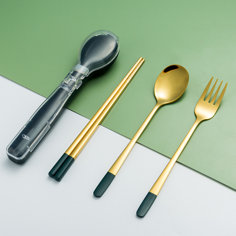 304 vajilla de acero inoxidable conjunto de tres piezas tenedor cuchara palillos estudiante trabajador de oficina de viaje vajilla Flip caja