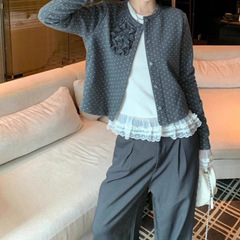 设计感荷叶边长袖外套女秋季2025新款韩系设计感修身波点上衣套装