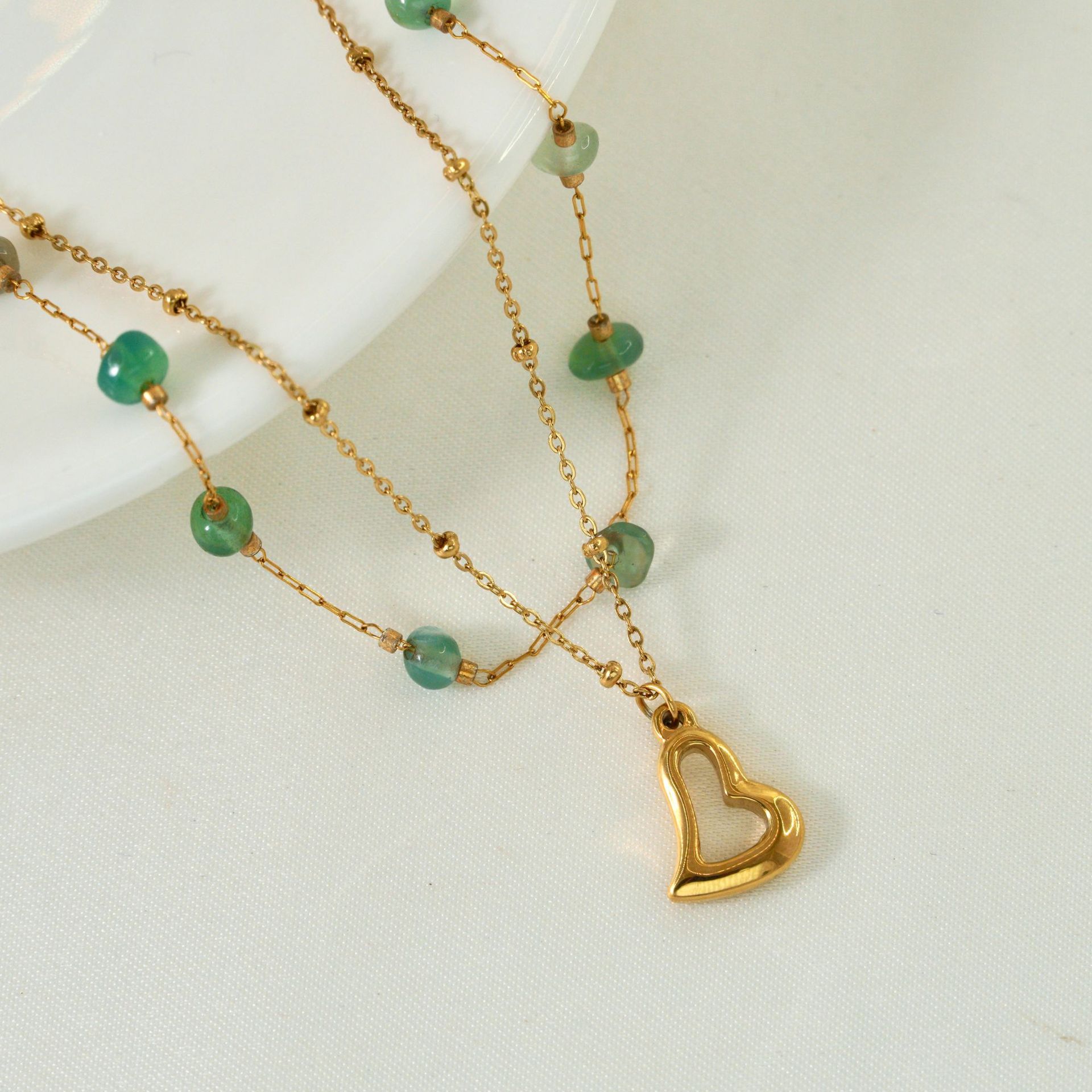 Holiday, Daily Occasion IG Style Simple Style Geometric Heart Shape Natural Stone Titanium Steel Beaded Plating 14K Gold Plated Women's Rings Necklace