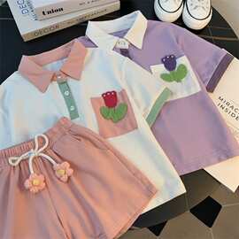 荃棉女童夏季套装2026新款洋气女孩中大童短袖POLO衫休闲两件套装