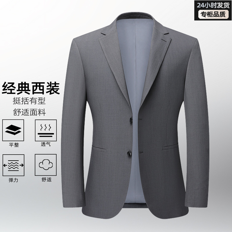 Classic Solid Color Men's Casual Suit, Light Luxury, Structured, Suitable for Middle-Aged Professionals, Versatile for Daily Wear and Formal Occasions, Single-Breasted Blazer