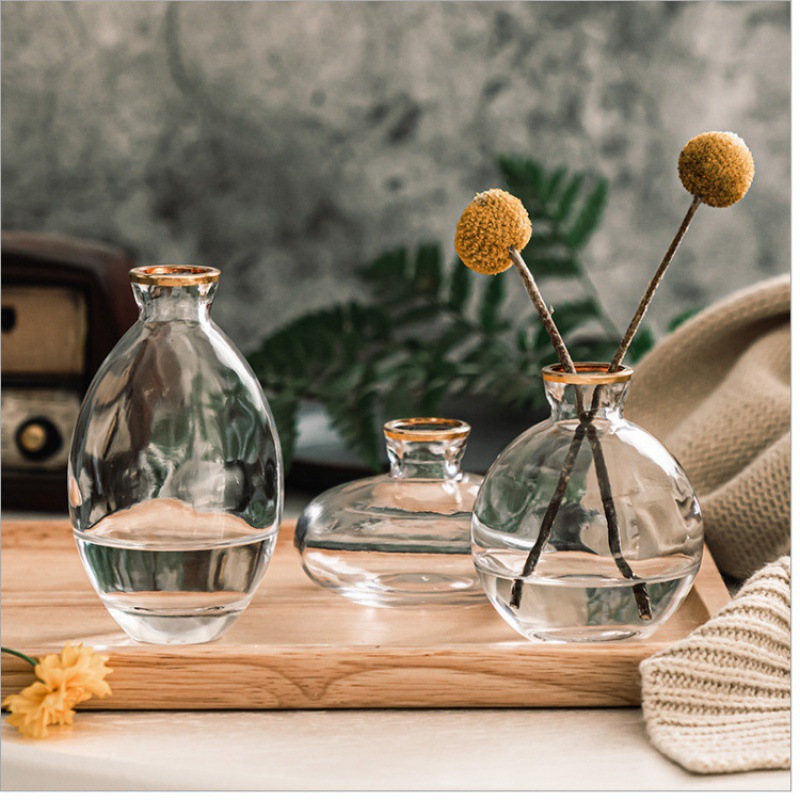 Alto valor de belleza ligero mini creativo pequeño jarrón conjunto de artesanía decoración de escritorio transparente flor decoración de sala de estar