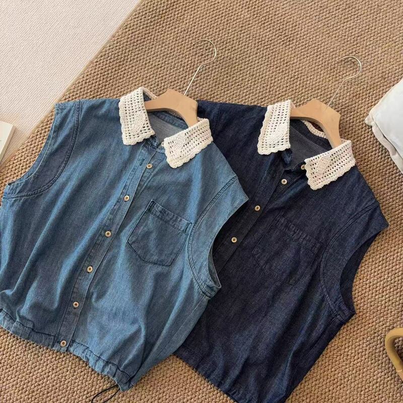 2026 New Korean-Style Artistic Denim Sleeveless Shirt for Women with Hollow Lace Collar, Slimming and Versatile Short Top 2026 New Korean-Style Artistic Denim Sleeveless Shirt for Women with Hollow Lace Collar, Slimming and Versatile Short Top
