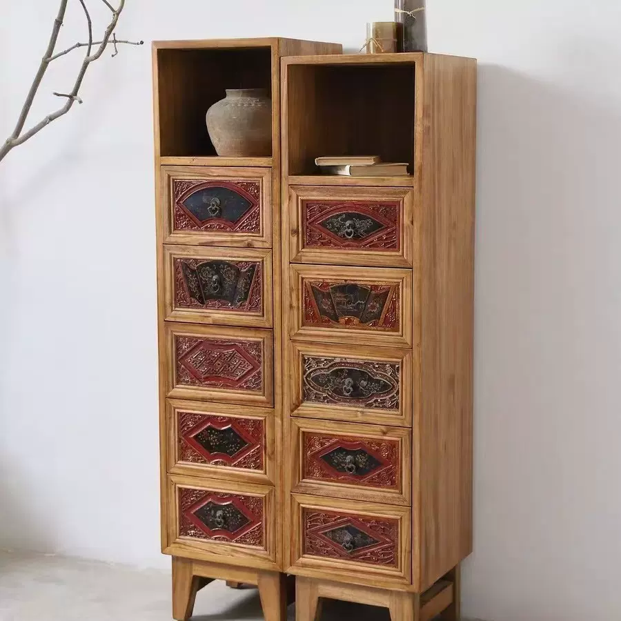 侘寂风老榆木斗柜实木储物柜客厅卧室复古靠墙餐边柜原木收纳柜