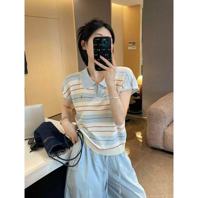 Ice Silk Breathable Striped Polo Collar Knit Short-Sleeve Women's Summer Lightweight College Style T-Shirt with Color-Blocking Regular Shoulder Top Ice Silk Breathable Striped Polo Collar Knit Short-Sleeve Women's Summer Lightweight College Style T-Shirt with Color-Blocking Regular Shoulder Top