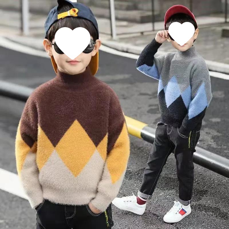 男童毛衣加厚水貂绒2024新款秋冬款中大儿童半高领打底衫男孩潮衣