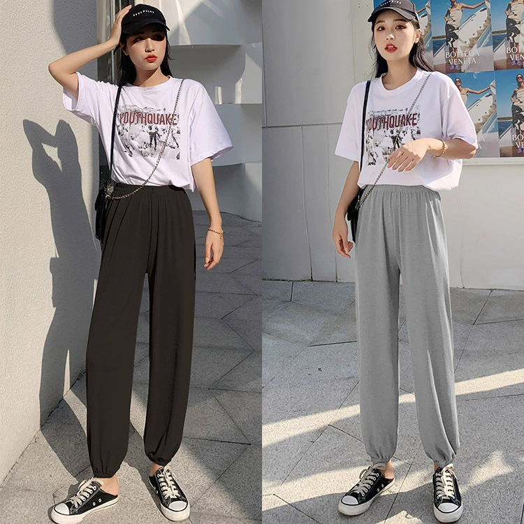 Брюки-фонарики из ледяного шелка, женские летние тонкие свободные спортивные повседневные брюки, противомоскитные укороченные шаровары больших размеров