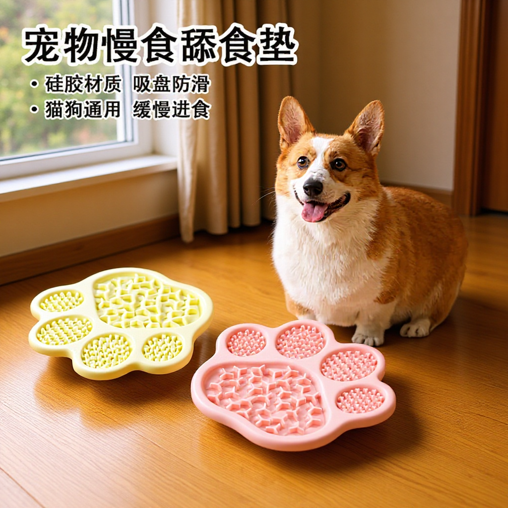 猫と犬はゆっくりと食事をします。吸盤付きのペット用食器を食べます。