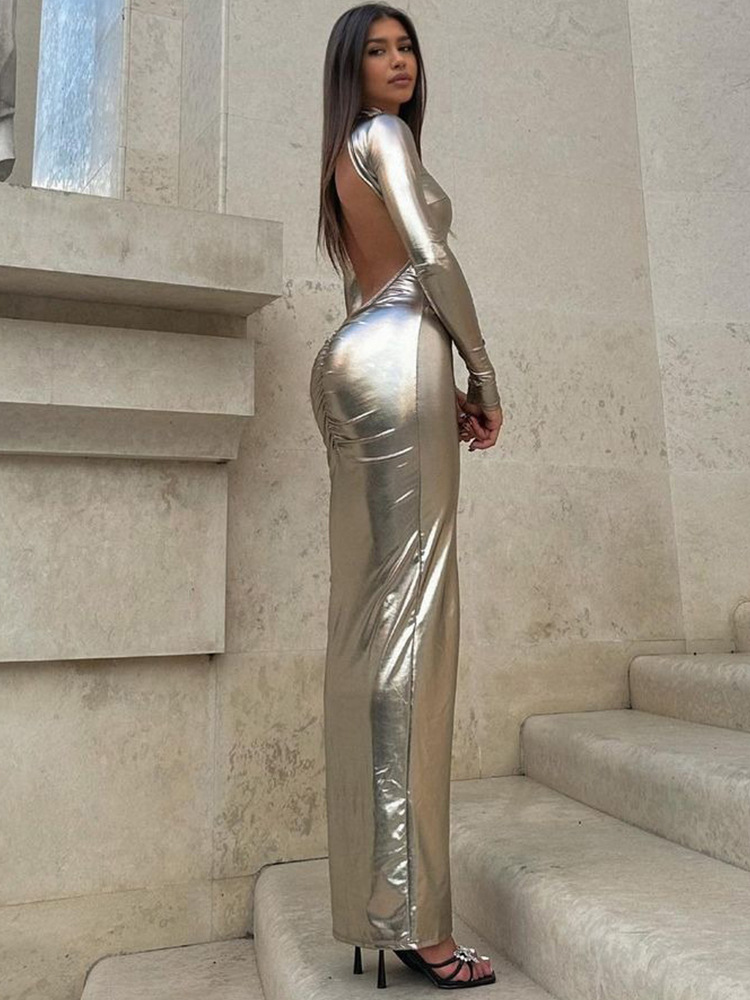 Sexy Spicy Girl New Large Open Back Pleated Long Sleeve Finger Cover Dress with Waist Tight Standing Neck and Hip Wrap_voghion.com