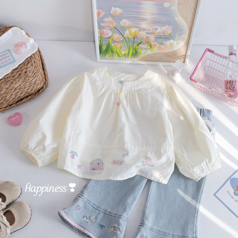 Girls' 2026 Spring Outfit Korean Style Cartoon Print Doll Shirt Sweet Shirt Fashionable Jeans Two-Piece Set