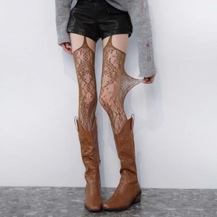 Trendy American Retro Jacquard Fishnet Stockings Hollow-Out Suspender Open-Crotch Black Sheer Fishnet Pantyhose Thin Jk Stockings