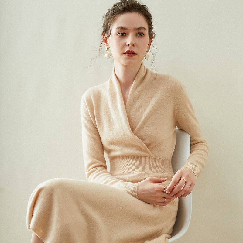 Dress Cashmere Cross V Neck Mid-Length Slimming Look Sweater Dress Knitted Bottoming A-Line Maxi Skirt Slimming Look