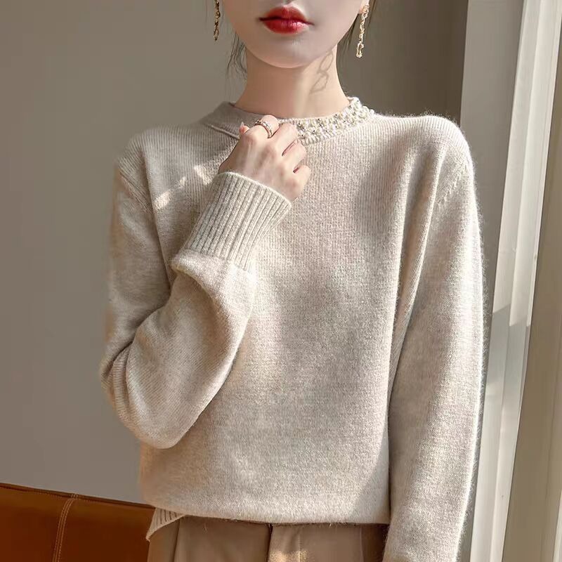 Suelta, camisa de base de cuentas de clavos de sequillas para mujeres 2025, nuevo estilo de otoño y invierno, suéter de punto de mujer grande