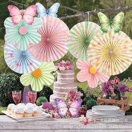 跨境手工纸质折扇幼儿园教师装饰纸扇花墙面布置氛围派对装饰挂件