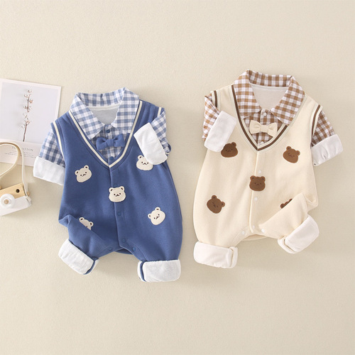 Baby clothes Spring clothes Newborn boy onesie Gentleman double-layer full moon 100th day birthday crawling suit