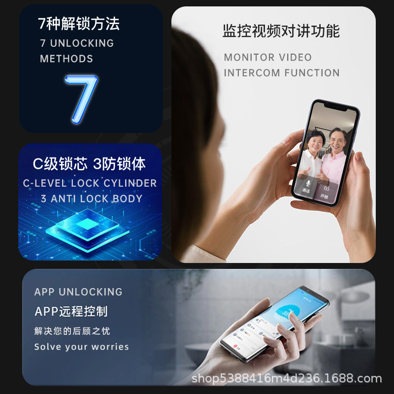 Cerradura inteligente automática con huella digital, reconocimiento facial y mirilla visual, apta para puerta de seguridad.