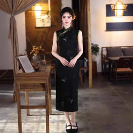 双鲤锦2026夏款无袖改良旗袍黑色修身港风气质民国风优雅高级日常