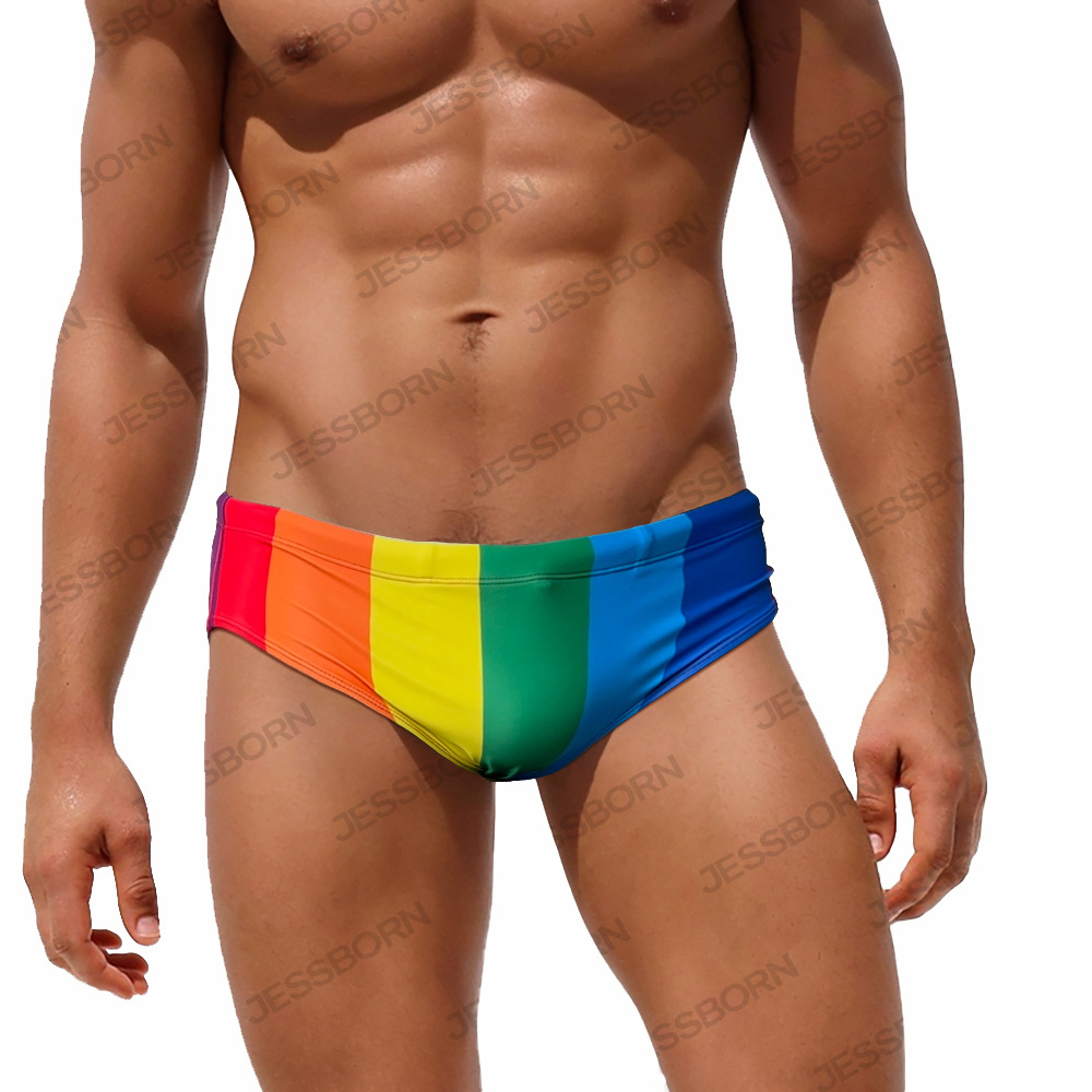 JESSBORN Men's Rainbow Thick Stripe Triangle Swim Trunks Low Waist Sexy Swimming Trunks Spa Beach Surfing Swimsuit