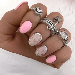 Adorable short oval floral nail art powder pink trendy fake nail sweet girl nail art set wholesale