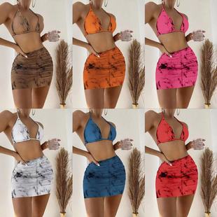 2025 European and American New Marble Printed Mesh Three-Piece Short Skirt Swimsuit Bikini Bikini Cross-Border