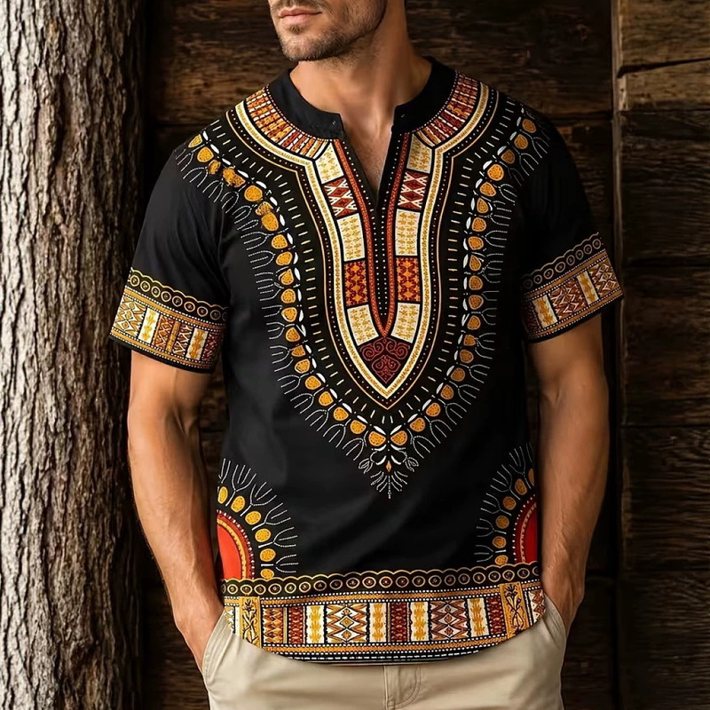 2026 New European and American Cross-Border Bestseller Amazon TK Men's Retro Tribal Ethnic Casual V-Neck Short Sleeve Shirt 2026 New European and American Cross-Border Bestseller Amazon TK Men's Retro Tribal Ethnic Casual V-Neck Short Sleeve Shirt