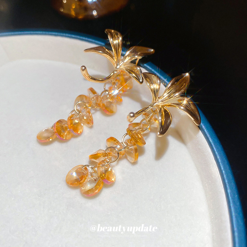 银针花朵香槟色水晶耳环法式宫廷风气质耳钉精致轻奢高级感耳饰女|undefined