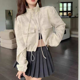 美式辣妹双拉链短款工装外套女2025春季新款宽松显瘦高腰抽绳上衣