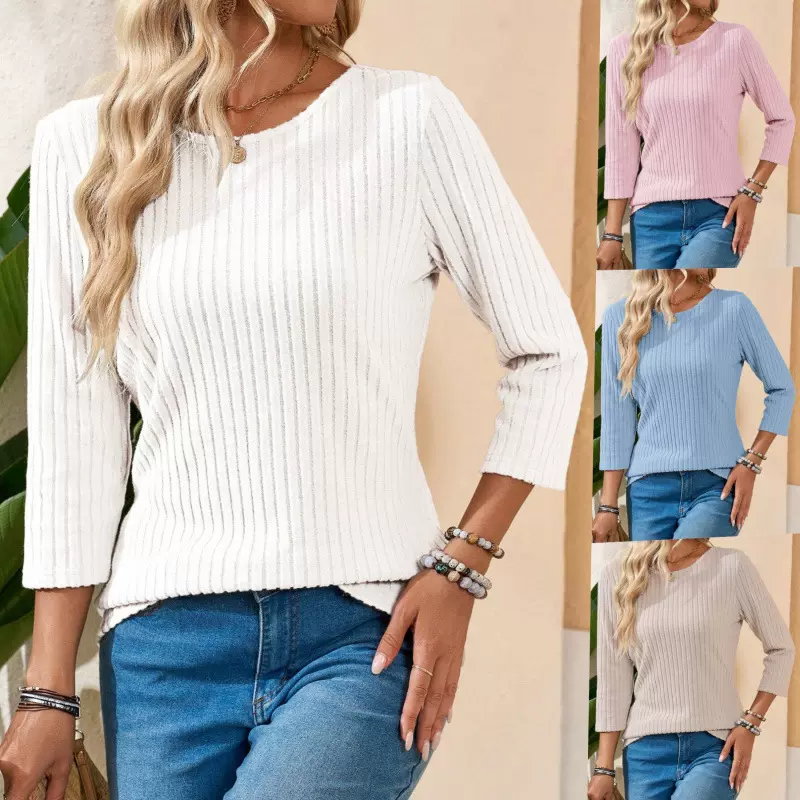 独立站秋季爆款女装时尚百搭休闲气质女式圆领坑条纯色上衣T恤女