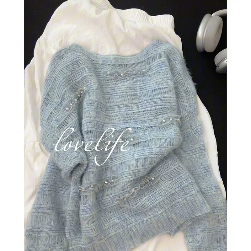 Hollow Beaded Blue Knitwear for Women 2025 New Autum Round Neck Knitwear with Bottoming Shirt Loose Top