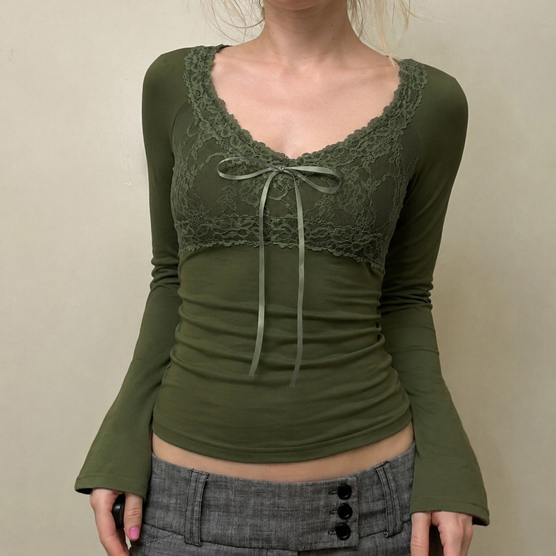 French retro pure desire style lace chest cup spliced bow tie slim-fit bell sleeve long-sleeve T-shirt for women