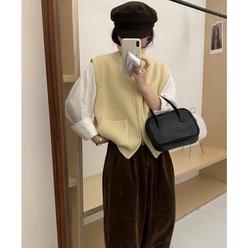 2025春秋新款韩系双拉链针织马甲女复古口袋翻领无袖背心毛衣外套|undefined