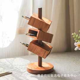 办公木质笔筒盒可旋转画画彩笔置物架实木斜插式笔筒底座摆件