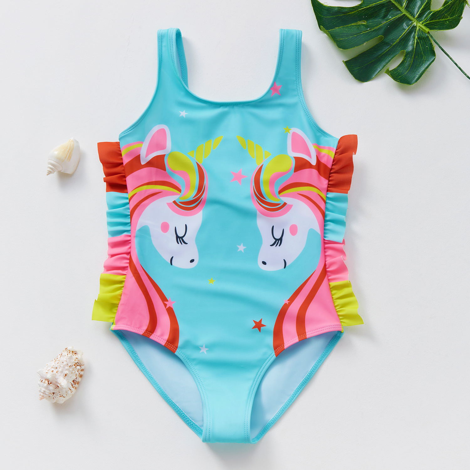 in stock New 3~10 Years Old Children's Cartoon Unicorn Printed Swimsuit Ruffled Girls' Swimsuit One-piece