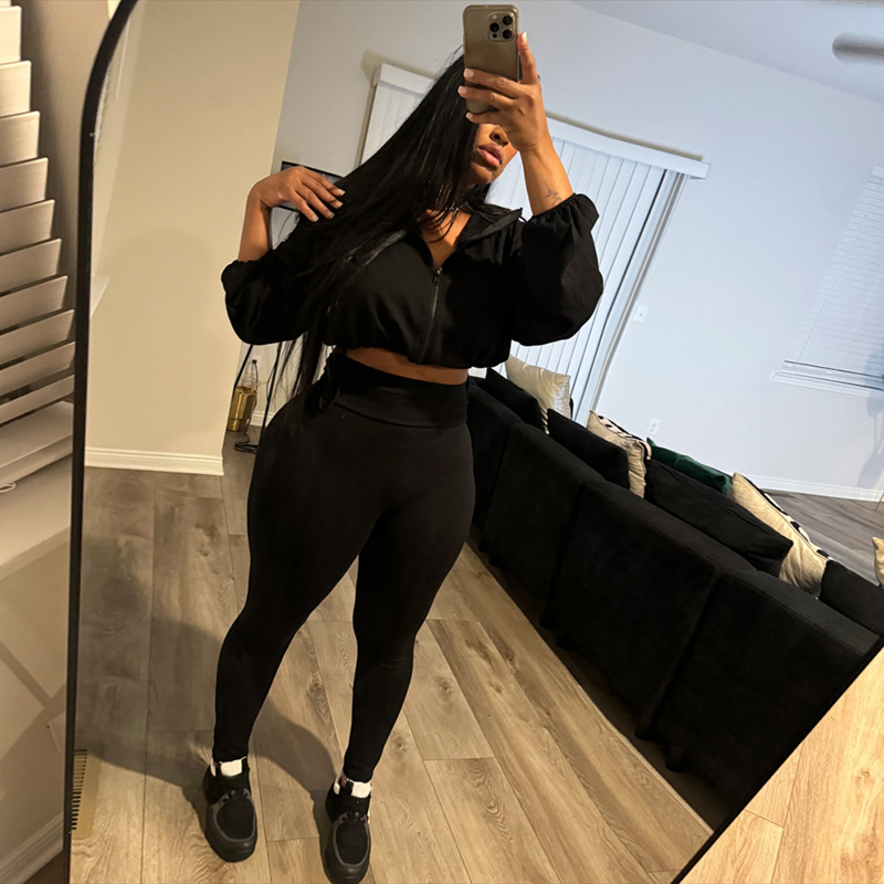 Women's High Waist Drawstring Navel Baring Tops And Tight Pants Set European American Style Spring Autumn Sexy Outfit_ecoleips.com