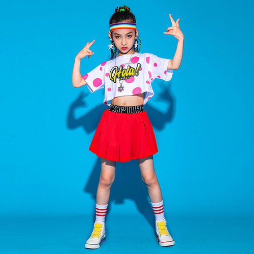 Girls kids red polka dot hiphop singers rapper Jazz dance costumes for children girls catwalk practise dancing costumes hip-hop dance suit 