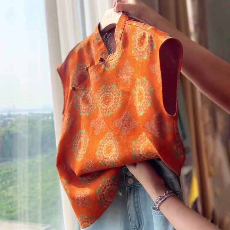 New Chinese Style Retro Orange Top for Women, Moge Fish Yuanchuang 2025 Summer New Light Luxury Design Trendy Blouse