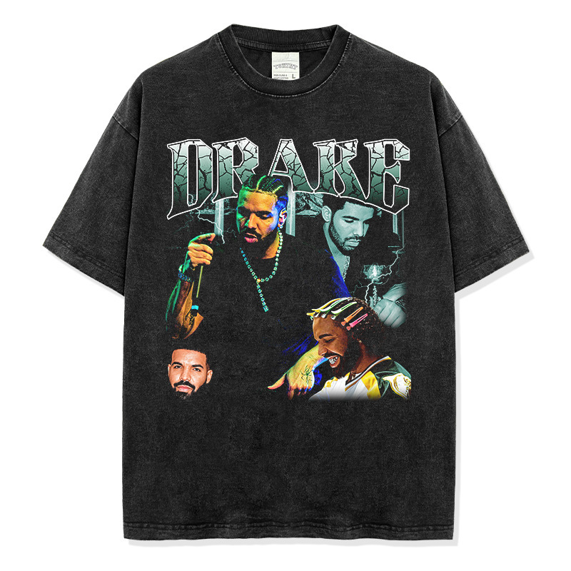 Cross-Border Hip-Hop Drake Drake Printed Short-Sleeve T-Shirt Vintage American Retro Washed Round Neck Heavyweight Ins