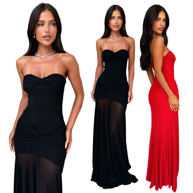 European and American Summer Amazon Wish Cocktail Party Sexy and Charming Off-Shoulder Chest-Wrapped See-Through Mesh Long Skirt