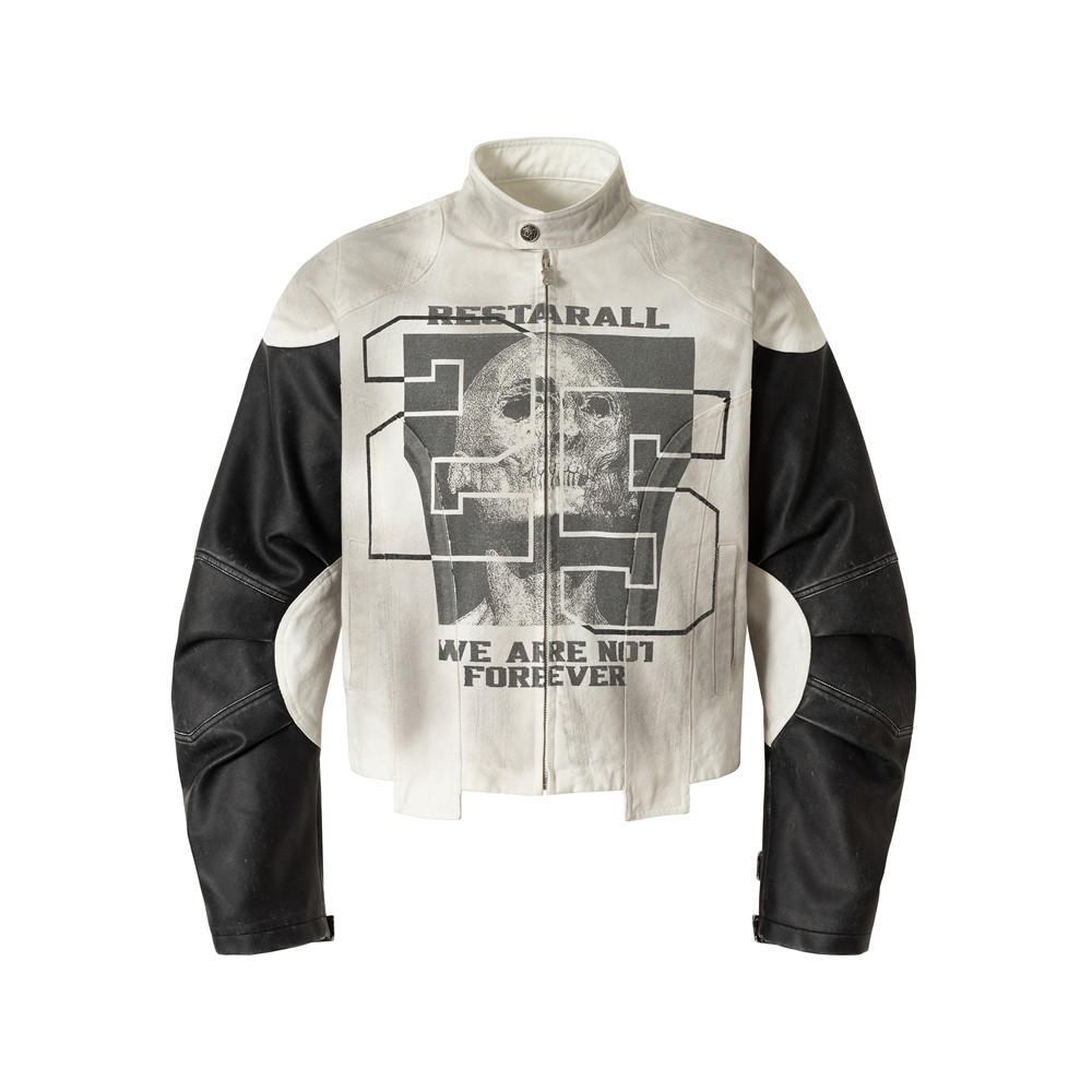 Veste de moto de course courte pour homme, style Death Style, col montant, effet peinture aérosol vieillie, patchwork déstructuré._voghion.com