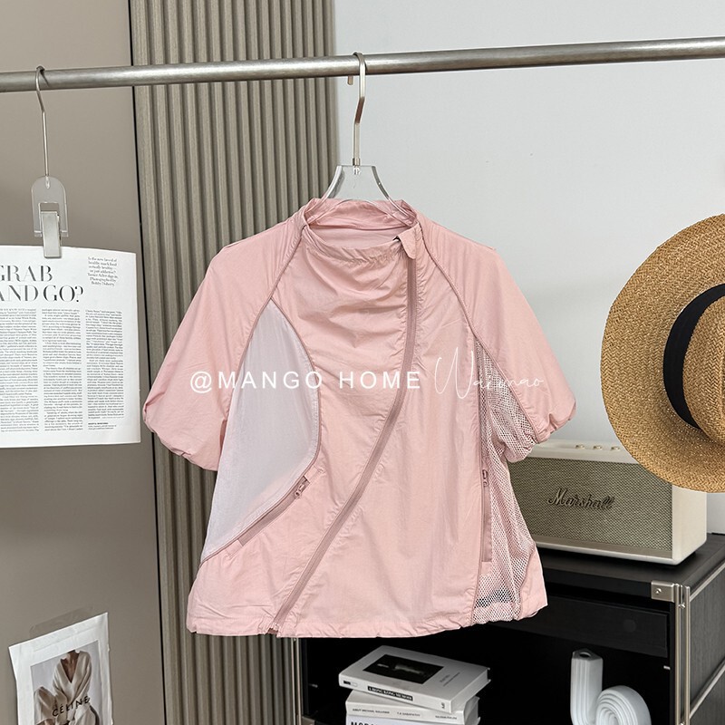夏の女性の涼しく通気性のあるメッシュステッチコントラストカラーパーソナライズされた斜めジッパー速乾性日焼け止め半袖シャツ 8579|undefined
