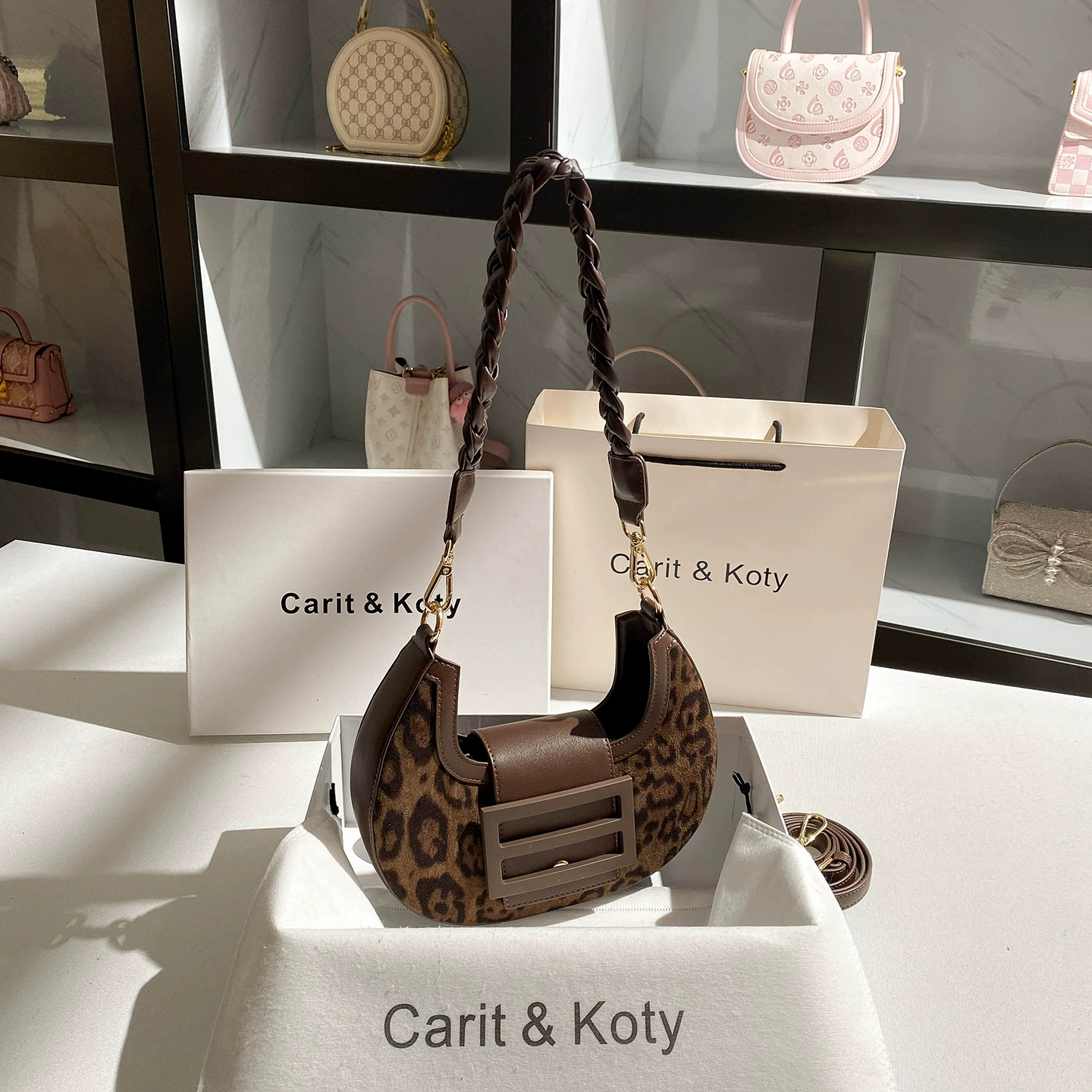 Underarm One-Shoulder Bag (Carit & Koty) Woven Crescent, Braided Handle & Detachable Strap, Multi Colors