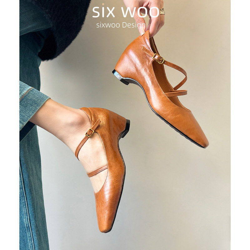 Sixwoo Wrap-Around Internal Height-Increasing Single Shoe for Women, Brown Square-Toe Soft Leather Mary Jane Shoes, 2026 Spring and Summer New Style