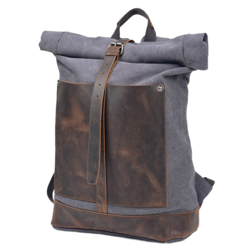 Vintage Washed Canvas Men's Dual Shoulder Bag Large Capacity Roll-Top Expandable Backpack Men's Outdoor Hiking Bag