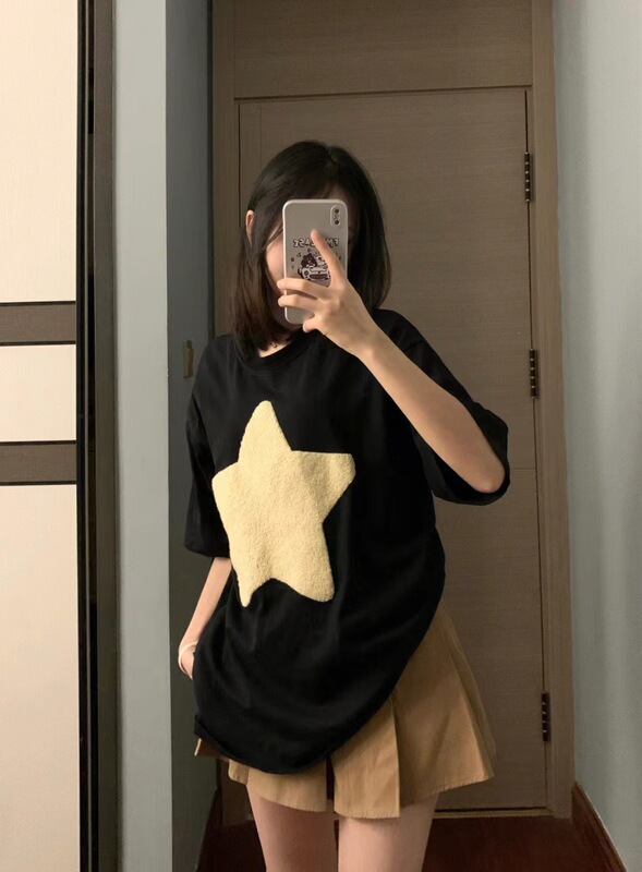 Cross-border American Retro Black Short-sleeved T-shirt Women's Summer Design Sense Niche Couple's Half-sleeved T-shirt Top Trendy