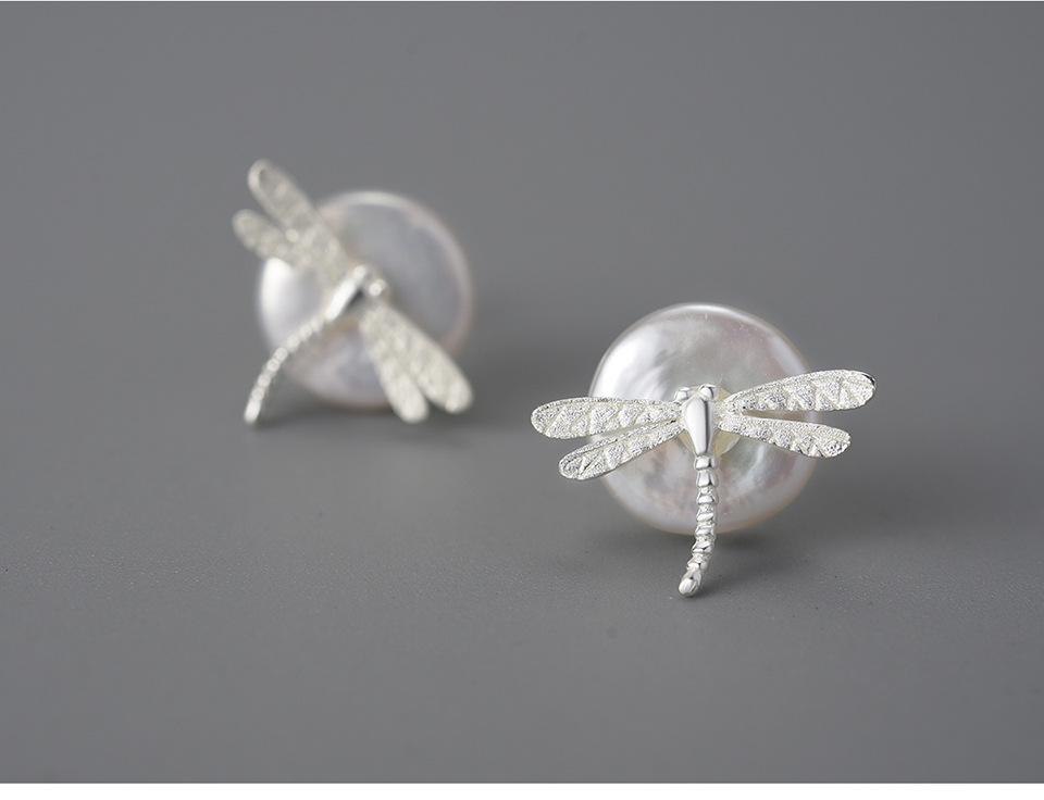 1 Paire Style Simple Libellule Placage Perle D'eau Douce Argent Sterling Boucles D'oreilles display picture 7