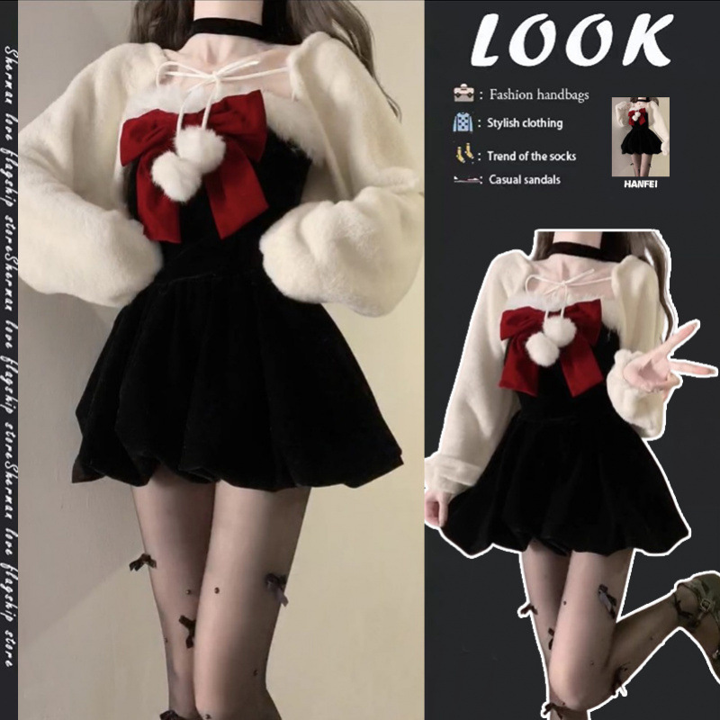 겨울 젠틀웨어 여성 2025 새로운 한국 스타일 크리스마스 숄 재킷 활 원피스 투피스 유행 세트