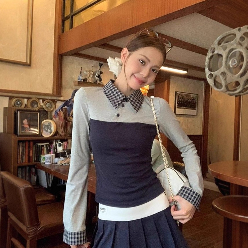 Korean Style Navy Blue Polo Collar Right Shoulder T-Shirt Women's Inner Layering Shirt Autumn and Winter New Slim Fit Versatile Top Korean Style Navy Blue Polo Collar Right Shoulder T-Shirt Women's Inner Layering Shirt Autumn and Winter New Slim Fit Versatile Top