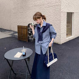 跨境 大码春秋显瘦条纹衬衫披肩套装女半身裙休闲三件套胖mm200斤